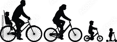 Family bicycle and scooter ride silhouette depicting active lifestyle and outdoor fun