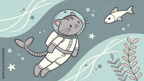 Whimsical Cat Astronaut with Fish Companion Exploring Underwater Space