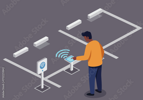 A man interacts with a digital interface at a logistics lot. Isometric illustration showcases modern inventory management. Clean, professional design.