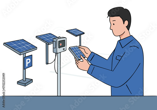 A man monitors a solar panel system using a tablet. Modern solar technology, outdoor setting, smart grid connection. Clean, professional illustration.