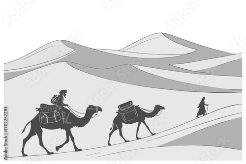 camel-caravan-walking-across-desert-dunes--pure white background