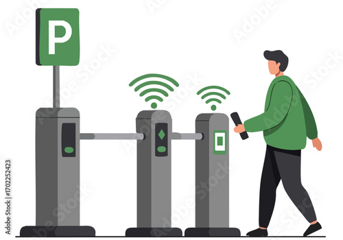 A man uses a smartphone to access a city parking garage. Modern, clean design with a focus on quick access. Vector illustration.