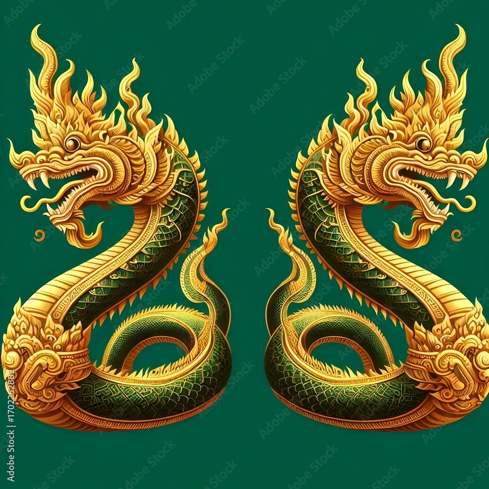 Fototapeta premium A majestic pair of golden serpentine dragons in a symmetrical design, ornate mythical Naga creatures from Asian folklore