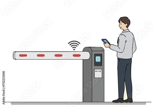 A man uses a smartphone to open an overhead gate. Modern security, access control, technology. Clean, minimalist style.