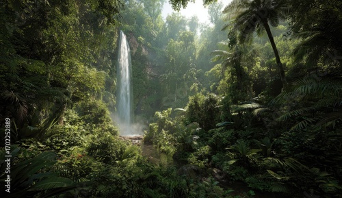 Fototapeta Naklejka Na Ścianę i Meble -  Lush waterfall cascading down a cliff in a dense jungle