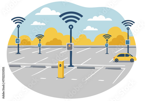 A modern cityscape illustration showcases smart parking with wireless sensors.  A car navigates a parking lot with connected technology.  Bright, clean design for urban innovation.