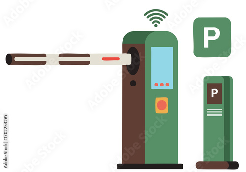Modern parking entry system illustration Features barrier touchscreen kiosk and pillar with parking information Clean flat design with Wi-Fi symbol Suitable for tech and sustainability themes