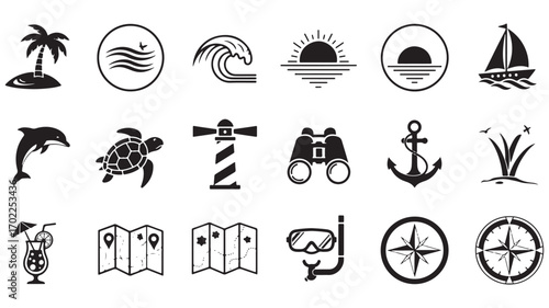 Black and white marine icons with navigation tools, palm trees, ships, and marine animals for vacation, travel, ocean exploration, and nautical themed graphic design resources