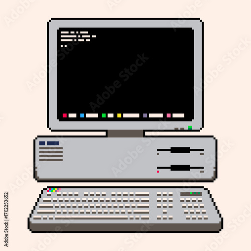 Retro Style 1980s Personal Computer Sett with Monitor and Keyboard, Screen On to Command-based System, Pixel Art Illustration