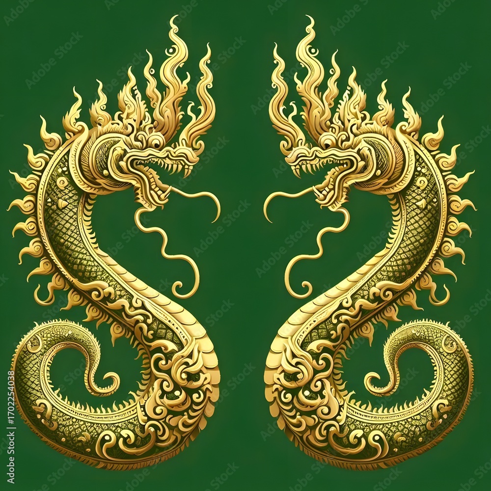Fototapeta premium Exquisite Golden Serpent Dragons, Adorned with Traditional Asian Artistry, Symmetrically Displayed on a Lush Green Background