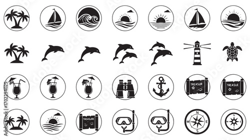Black and white marine icons with navigation tools, palm trees, ships, and marine animals for vacation, travel, ocean exploration, and nautical themed graphic design resources