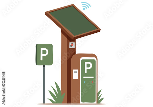 A modern parking structure integrates solar panels and smart technology. Clean lines and a green aesthetic promote sustainable urban design. Ideal for tech, environment, and city themes.