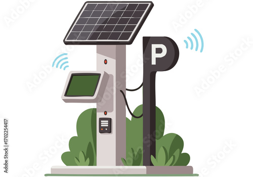 Modern parking structure integrates solar panels and a digital payment kiosk. Clean, bright design with a green backdrop. Ideal for sustainability and technology concepts.