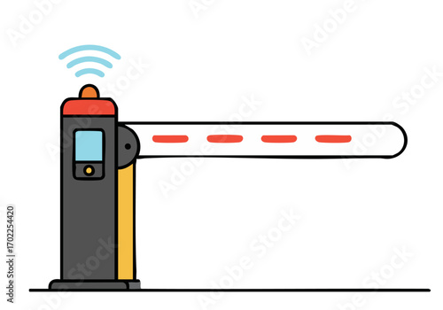 Modern RFID gate illustration. Clean lines, red barrier, wireless signal. Ideal for security, access control, and technology concepts. Simple, graphic design.