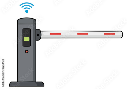 Modern RFID gate illustration with a raised barrier and wireless signal icon. Clean, flat design suitable for digital marketing and informational graphics. Simple, professional aesthetic.