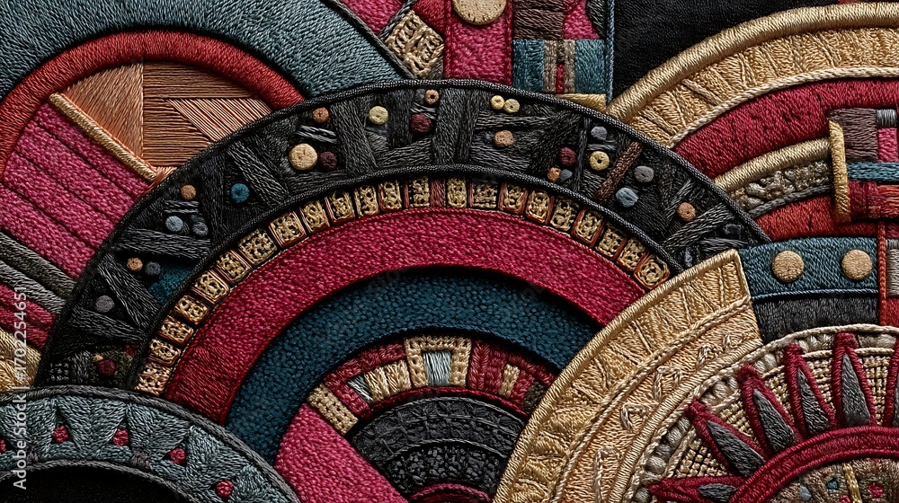 Fototapeta premium the image presents a close up of a detailed fabric work featuring multiple concentric arcs and semi circles