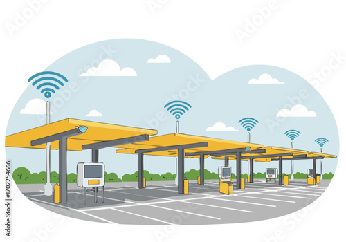 Modern smart city parking garage with wireless sensors. Clean design, bright lighting, and a futuristic feel. Ideal for technology, urban planning, and sustainable city concepts.
