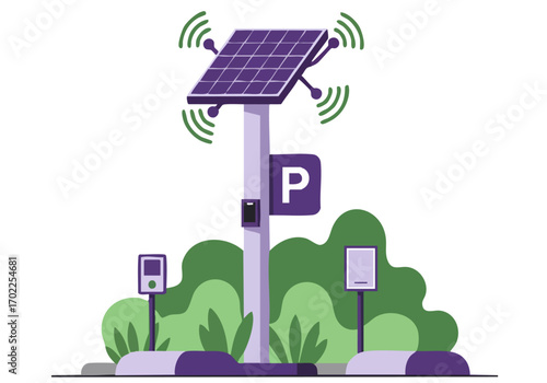 A modern Smart Eco Hub illustration showcases solar panels and parking information. Clean design, purple and green tones, ideal for urban planning or sustainability concepts.