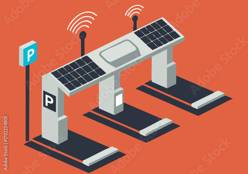 Modern solar park illustration featuring charging stations and wireless connectivity. Clean, bright design ideal for tech, sustainability, and urban concepts. Vector art.
