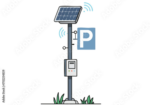 A modern solar park with a parking spot and smart meter. Solar panel and wireless communication signals are visible. Clean, bright illustration.
