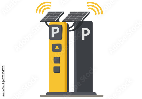A modern, solar-powered parking garage kiosk with integrated solar panels. Clean lines and a bright yellow color scheme.  Illustrative style, perfect for tech or urban concepts.
