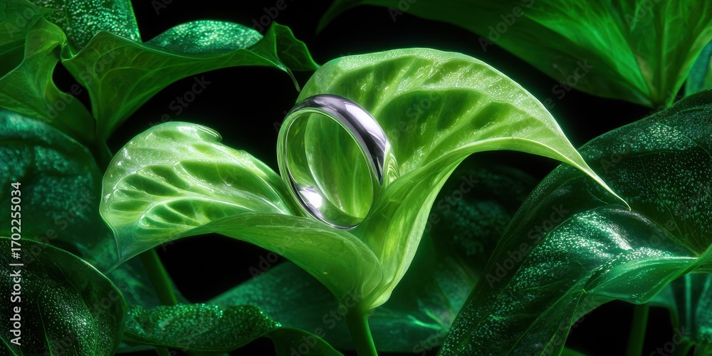 Fototapeta premium Elegant Fusion: Macro Image of Silver Hoop Earring Hidden in Anthurium Leaves, Fashion meets Nature Concept with Vibrant Greens and High Contrast Lighting