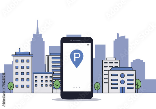 A smartphone displays a parking app against a cityscape backdrop. Modern, digital illustration. Ideal for tech, urban, and mobile app concepts.