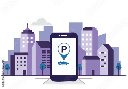 Smartphone displays a parking map over a city skyline. Modern, digital illustration. Ideal for apps, tech, and urban themes.