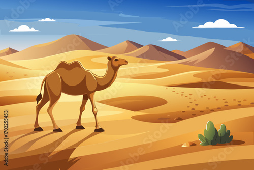 In the middle of the desert, where no sound can be heard except for the breeze, a camel is quietly making its way. His footprint, like a line of hope, remains on the soft sand; A sign that even in the