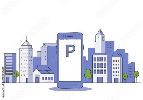 A stylized mobile phone displays a parking app icon against a cityscape backdrop. Modern, digital illustration. Perfect for tech, urban, and parking themes.