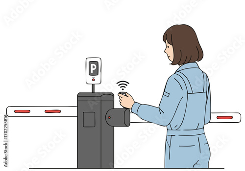 A woman scans her card at a parking gate. Clean lines, modern design, and a clear focus on access control. Suitable for security, technology, and urban themes.
