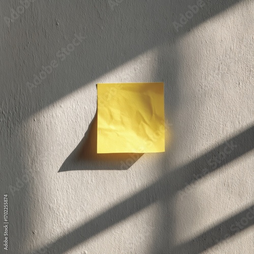 A single bright yellow sticky note casting a shadow on a textured surface illuminated by sunlight