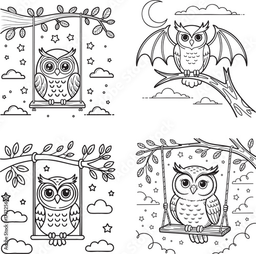 Charming and whimsical owl coloring pages, including a spooky bat owl and cute owls on swings
