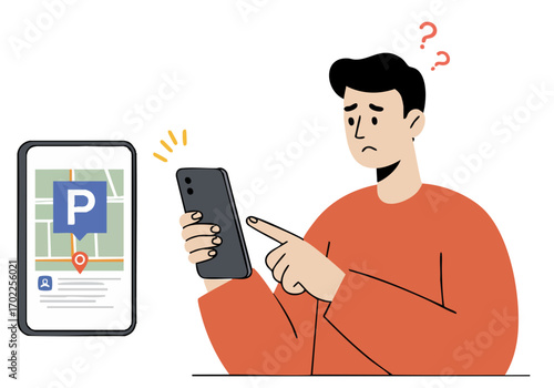A worried man uses a smartphone app to troubleshoot parking. The image features a digital map and a confused expression, highlighting a common tech frustration. Modern illustration style.