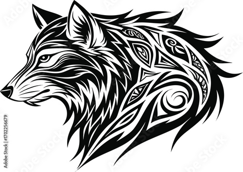Wild black tribal wolf head tattoo design illustration