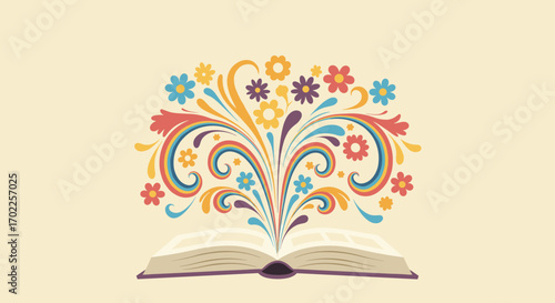 Open book with flower and rainbow illustration for educational materials and literary event promotions