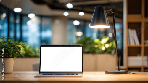 Wallpaper Mural Laptop with Blank Screen on Desk in Modern Office Interior with Plants and Lamp Torontodigital.ca