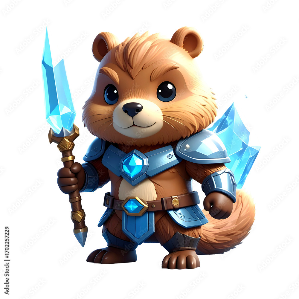 Fototapeta premium Adorable bearlike creature with armor and ice weapon