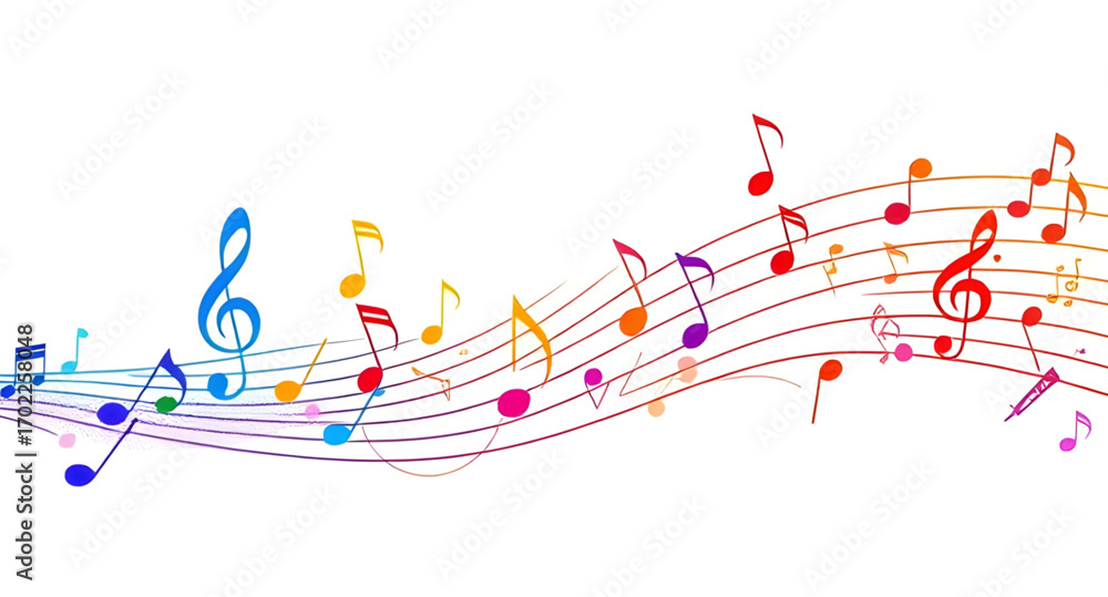 Naklejka premium minimal music wallpaper, graphic music background, sound wave with notes, lively music notes, vibrant music background, party music backdrop, glowing music notes, neon music wallpaper, artistic music 