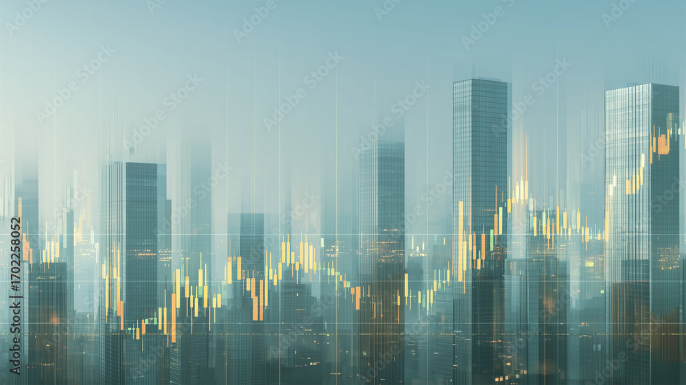 Fototapeta premium 昼の都市に広がる金融チャート表示と高層群