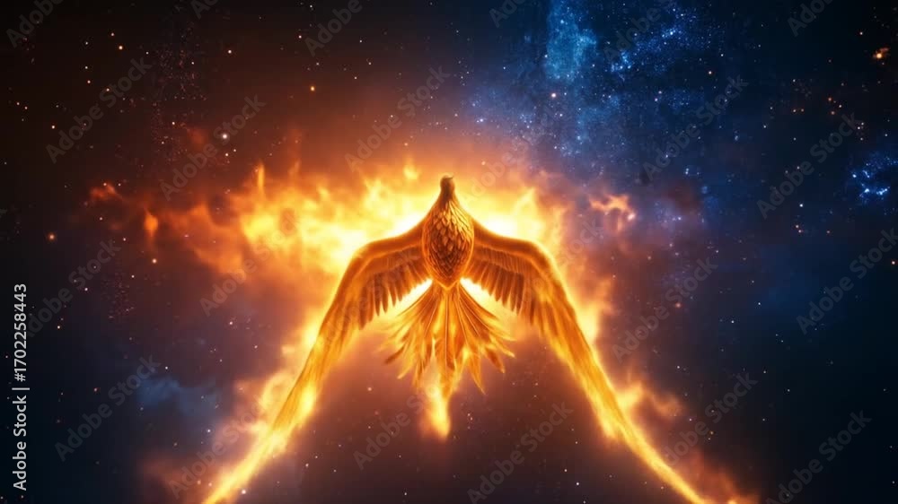 Fiery Phoenix Soaring Through Cosmic Nebula: Rebirth and Renewal Stock ...