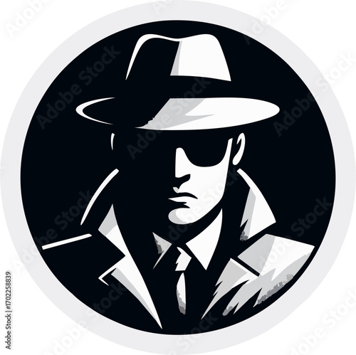 Stylish Noir Detective Silhouette in Fedora and Trench Coat – Secret Agent Logo Vector Illustration