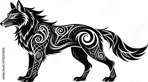 A vector illustration of a running black and white horse with a powerful mane and silhouette