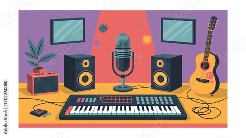 Vibrant Music Studio Illustration Featuring a Keyboard, Microphone, Speakers, Guitar, and Monitors on a Table With a Retro Vibe