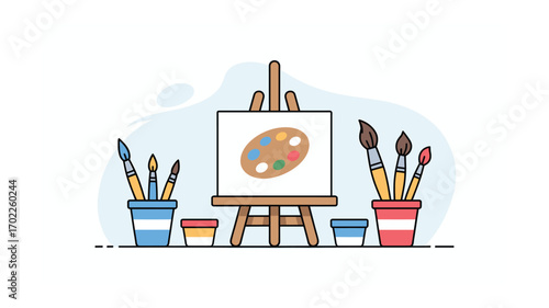 Colorful Art Studio Setup with Easel, Palette, Brushes, and Paint Pots - Creative Hobby Illustration for Designers and Artists
