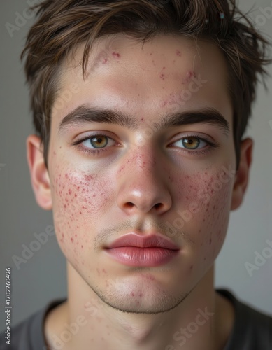 Close-up of a boy's face with acne and pimples on her skin.