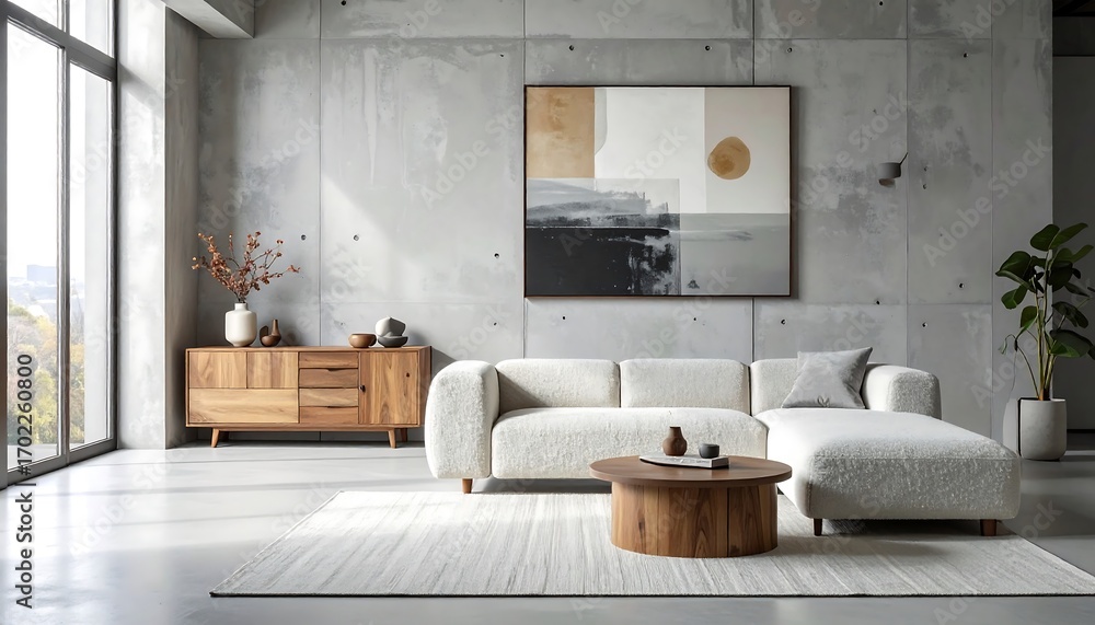Fototapeta premium A modern, minimalist living room boasts a light-grey concrete wall, a light-beige sectional sofa, a light-brown wooden cabinet, and a round wooden coffee table.