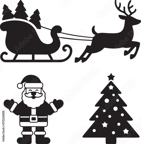 Christmas holiday silhouette elements santa sleigh reindeer and tree festive celebration
