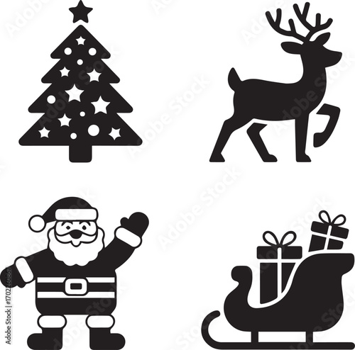 Christmas icons santa claus reindeer sleigh and tree silhouette festive holiday elements