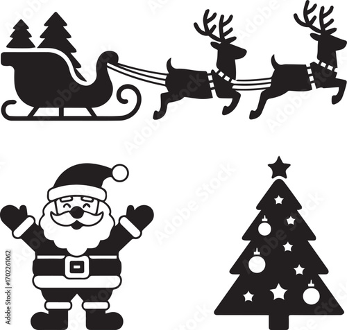 Christmas silhouette set santa claus reindeer sleigh and decorated tree holiday icons